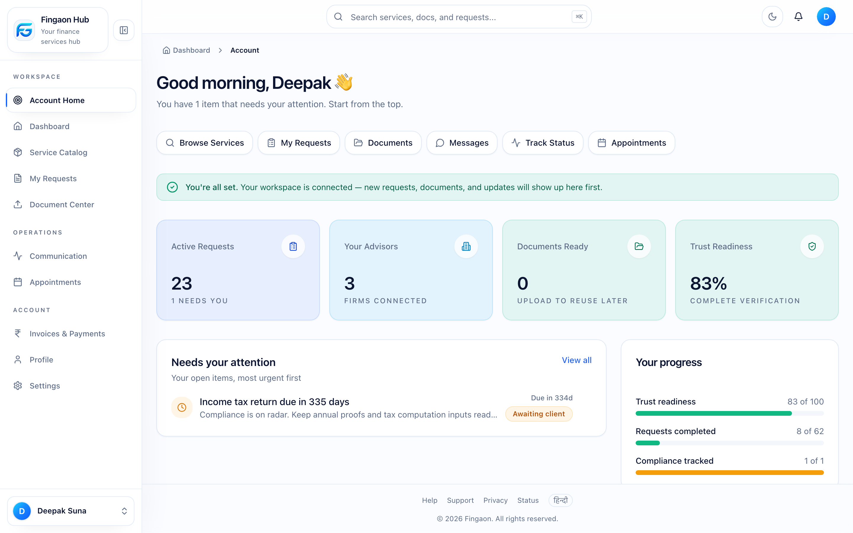 Fingaon screenshot: client-account-home