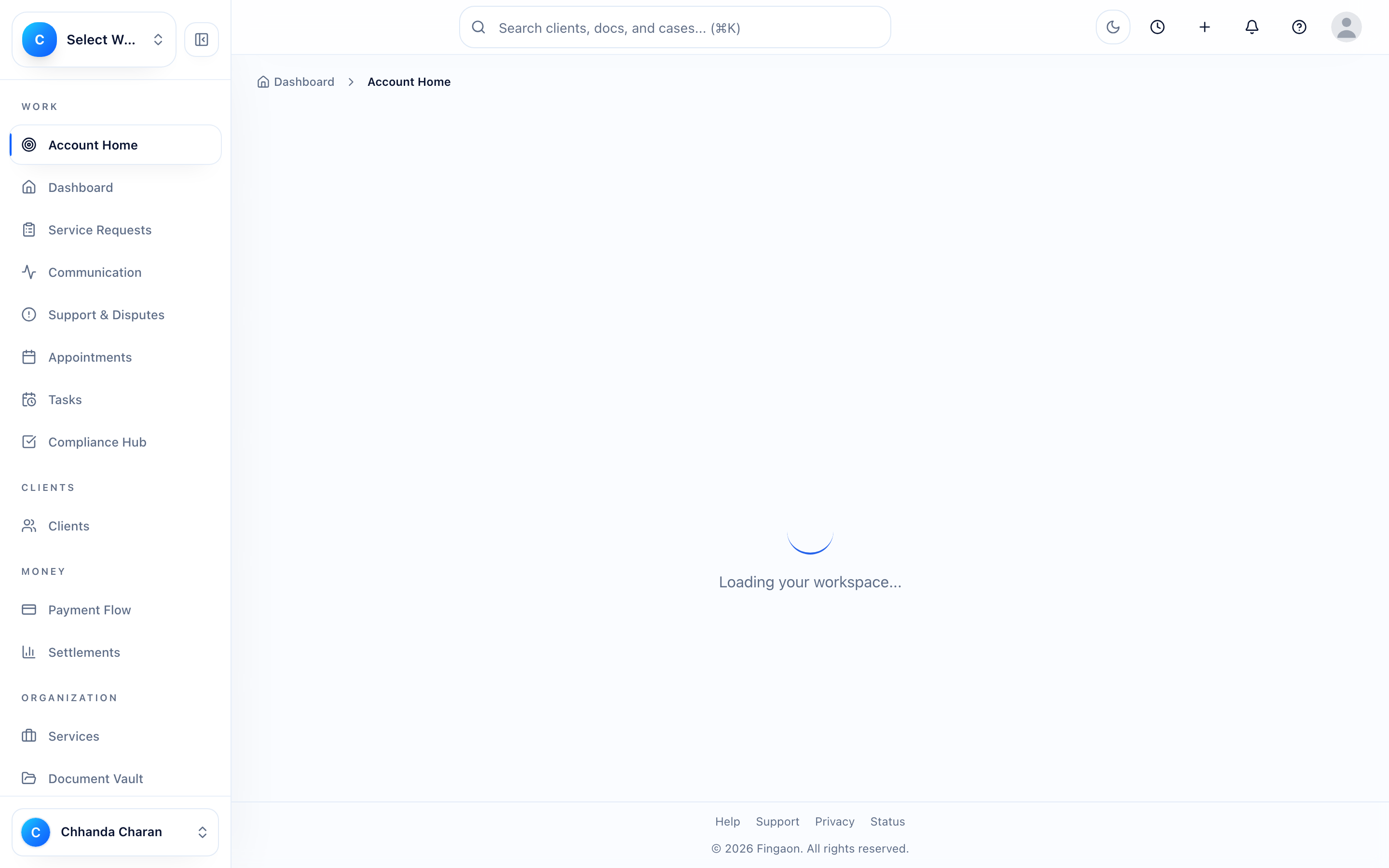 Fingaon screenshot: firm-account-home